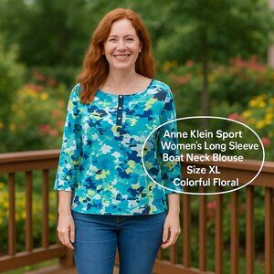 Anne Klein Sport Women’s Long Sleeve Boat Neck Blouse Size XL Colorful Floral